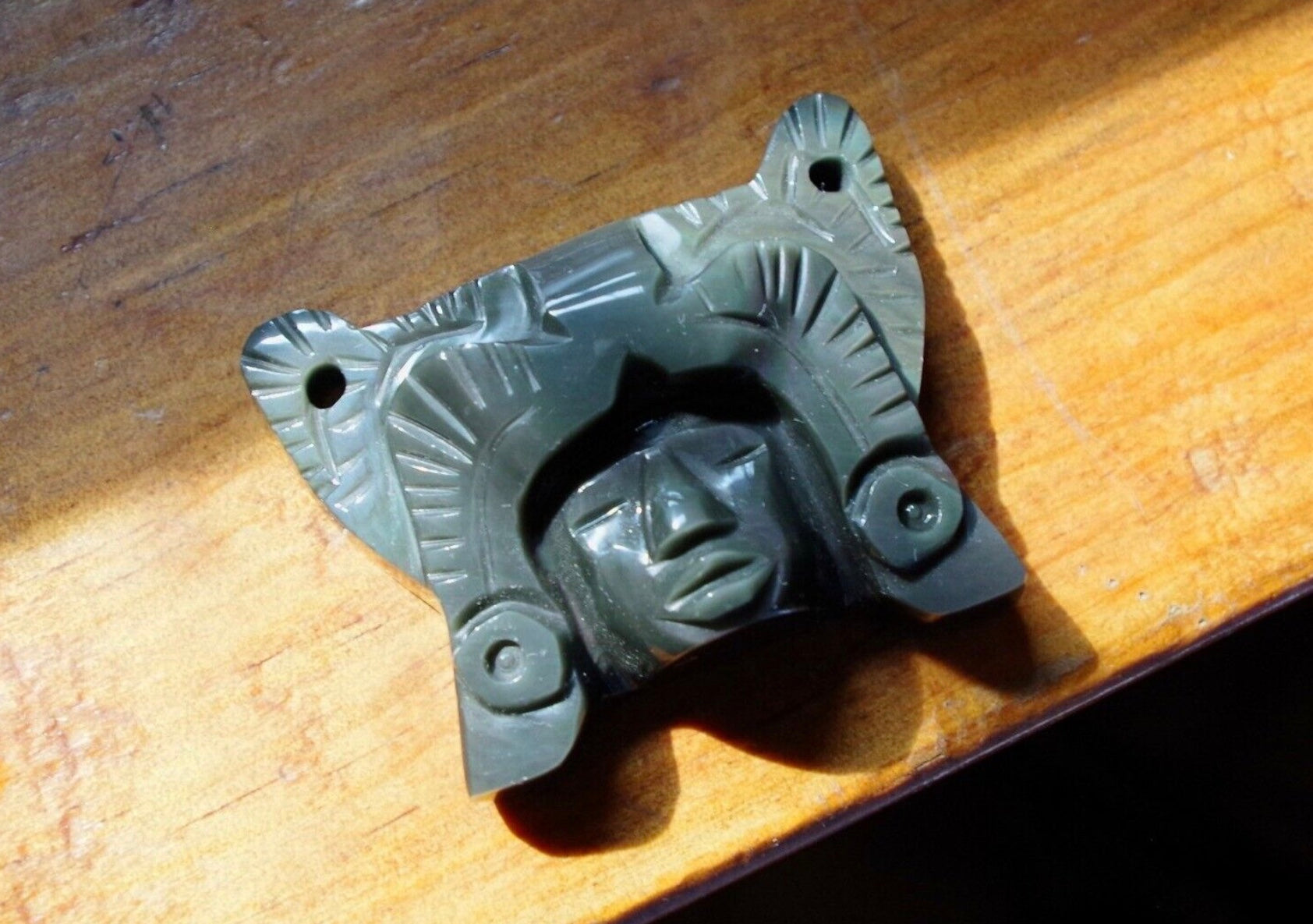 Jaguar Warrior Pendant carved in rainbow obsidian- Aztec Mexican Precolombian Jewelry