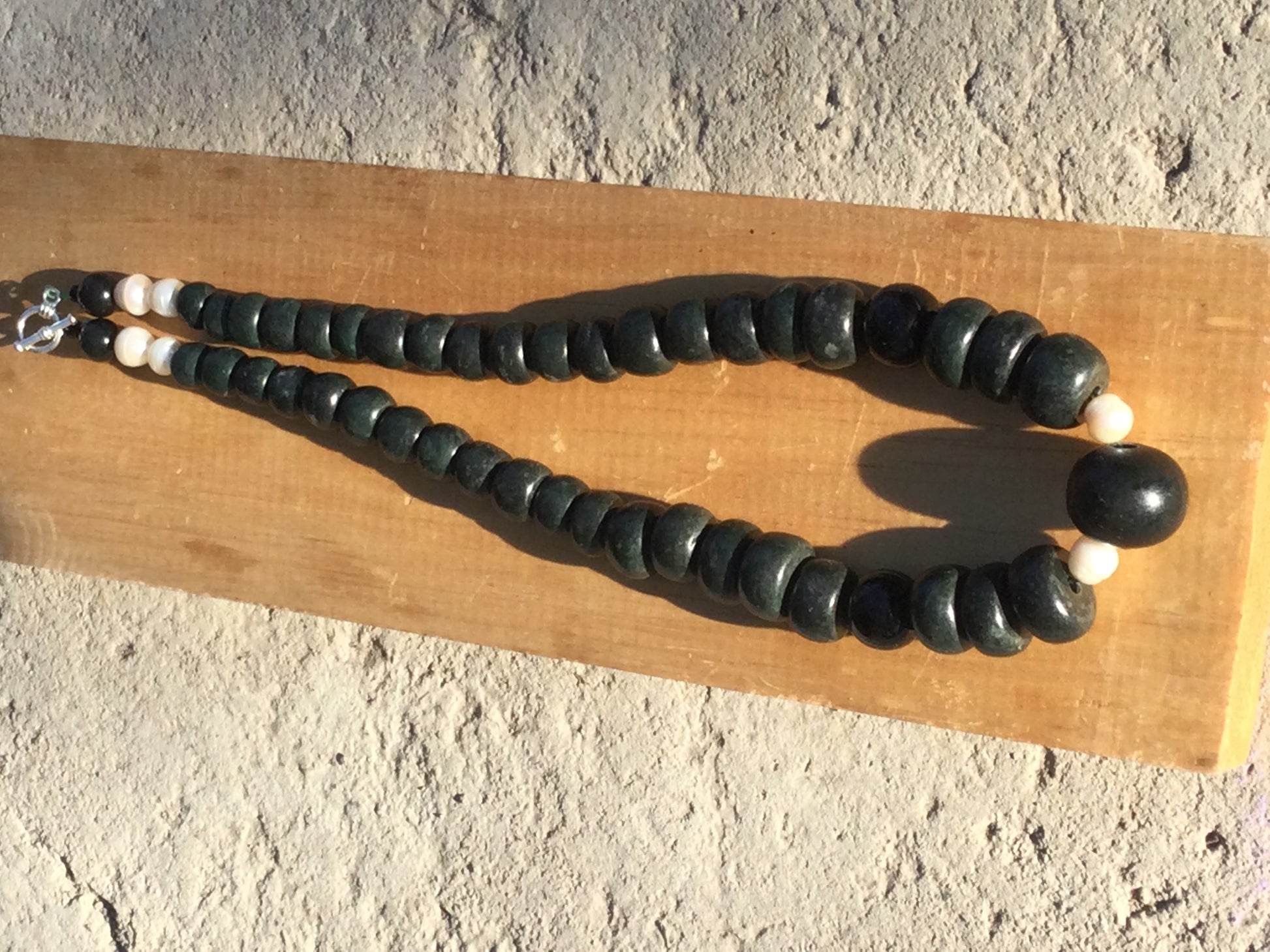 Dark Green Guatemalan Jade style Necklace - Serpentine beads & Mother pearls - Mayan Jewelry with Crescent Beads, Handmade Gemstone Necklace