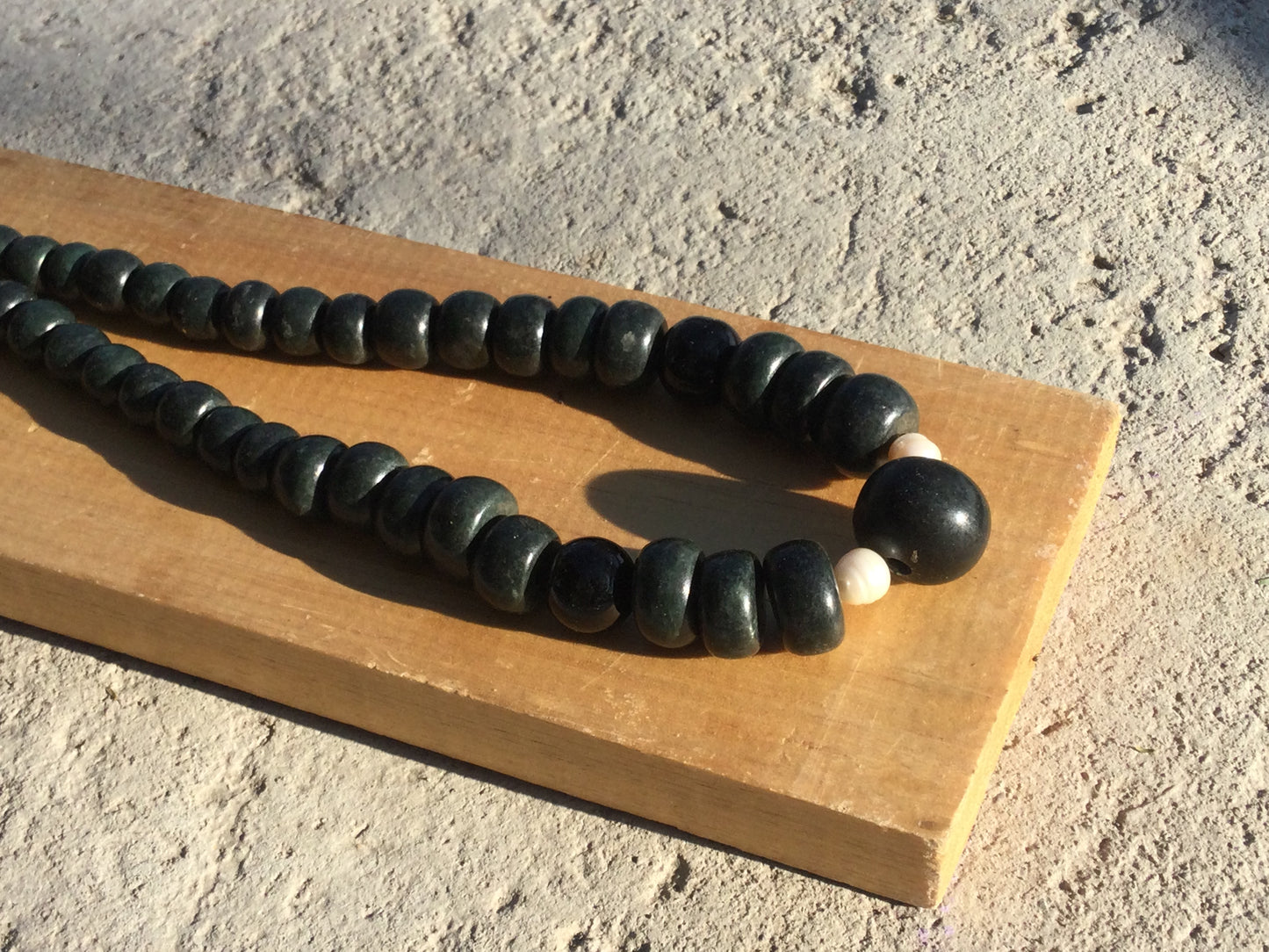 Dark Green Guatemalan Jade style Necklace - Serpentine beads & Mother pearls - Mayan Jewelry with Crescent Beads, Handmade Gemstone Necklace