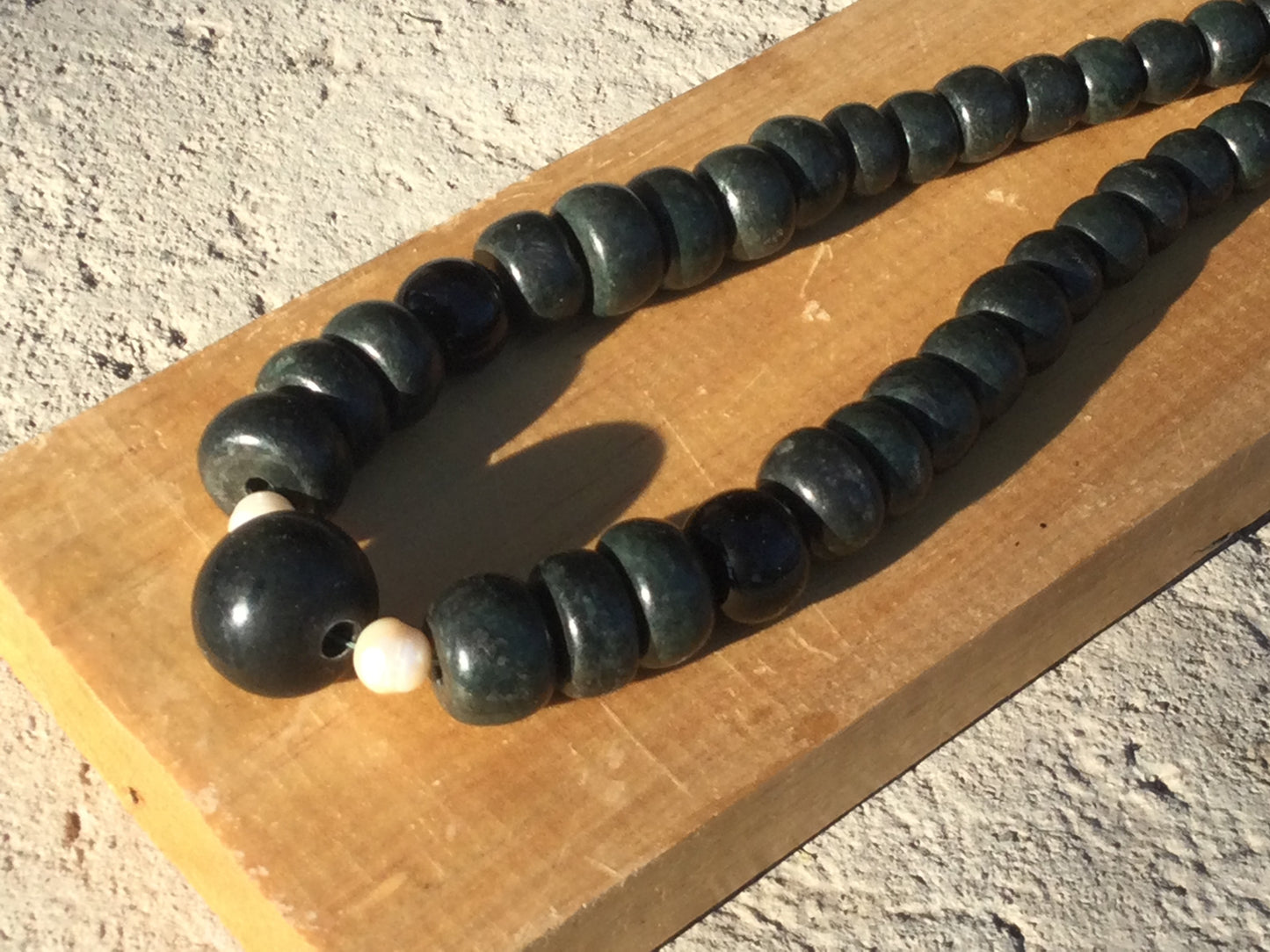 Dark Green Guatemalan Jade style Necklace - Serpentine beads & Mother pearls - Mayan Jewelry with Crescent Beads, Handmade Gemstone Necklace