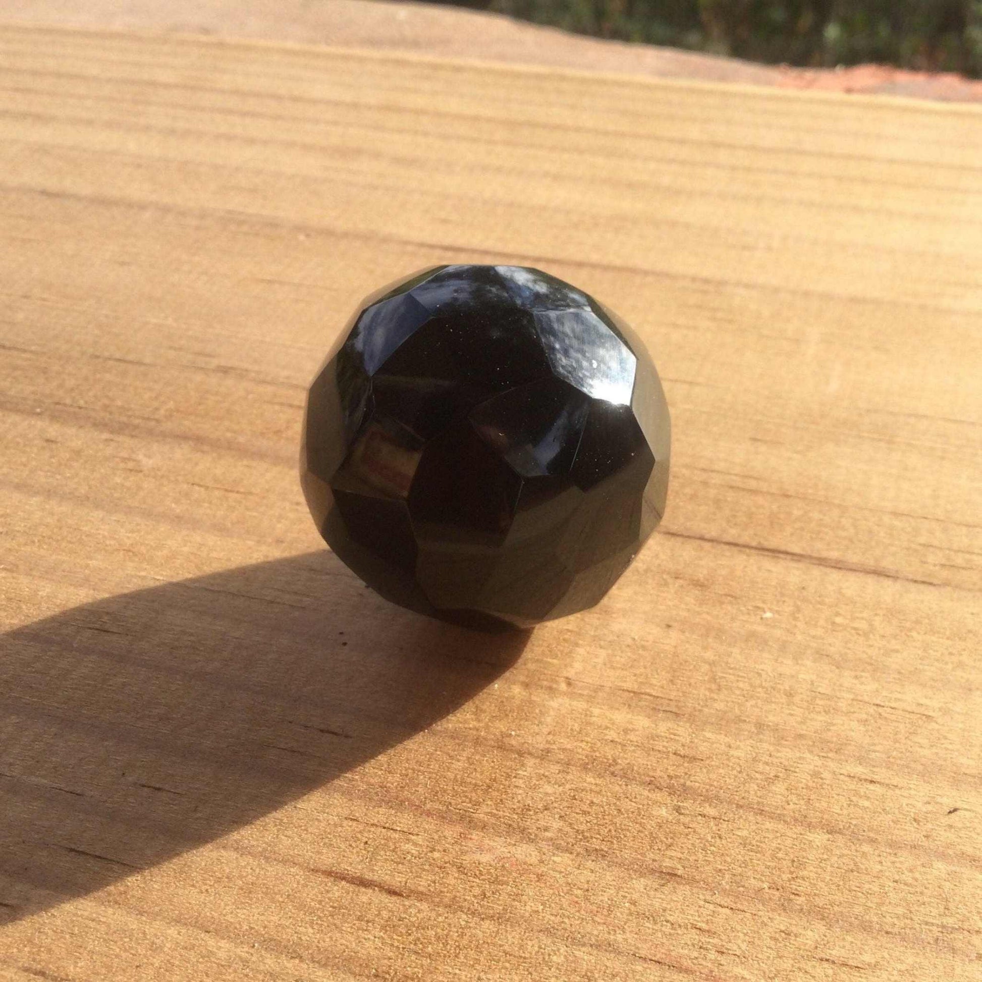 Obsidian Faceted Sphere - Carved Black Stone Crystal, Protective Healing Sculpture