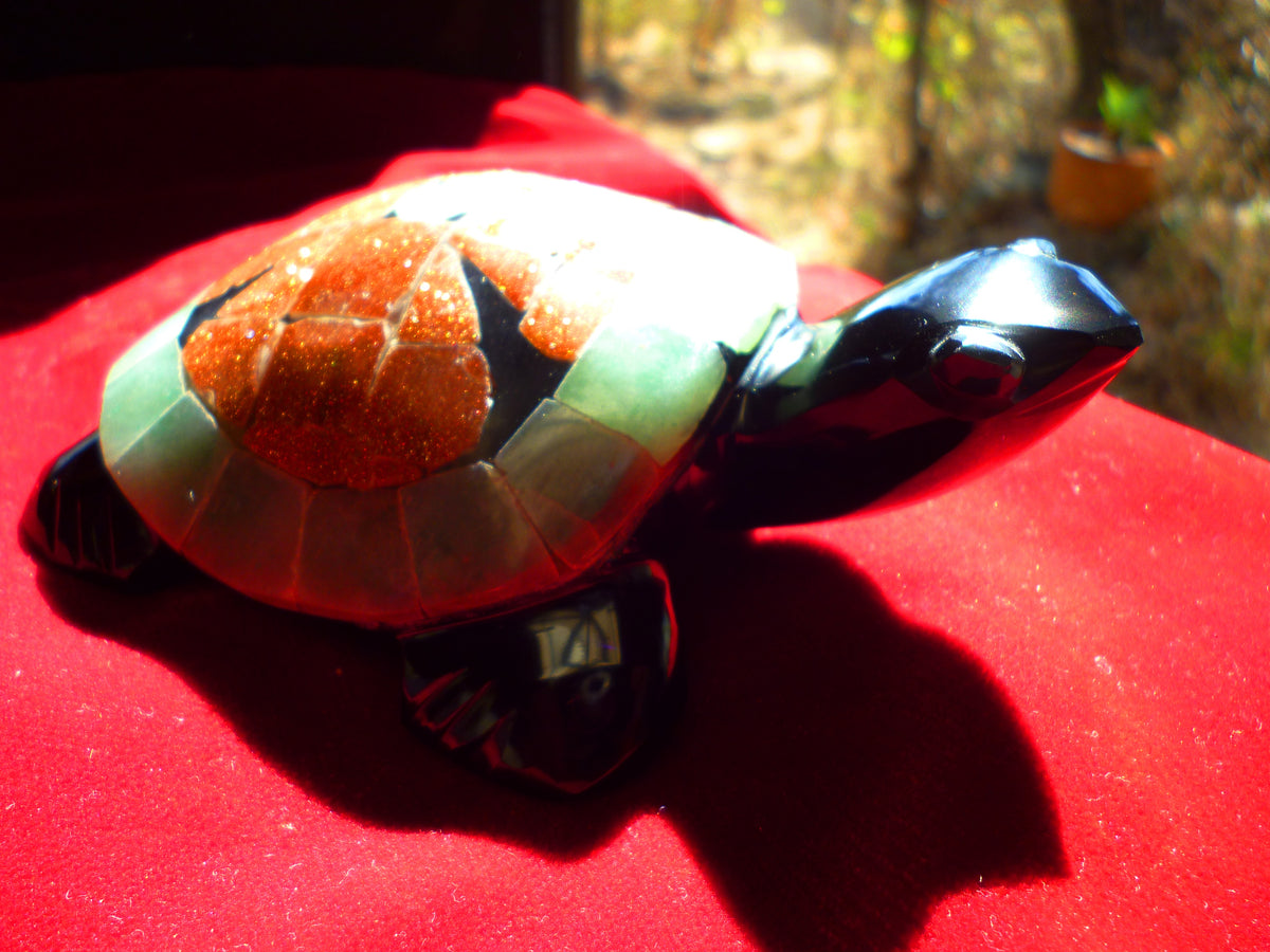 Turtle Hand-Carved in Mexican Obsidian | Goldstone & Aventurine Mosaic | Teotihuacan Sculpture | Pre-Columbian Collectible