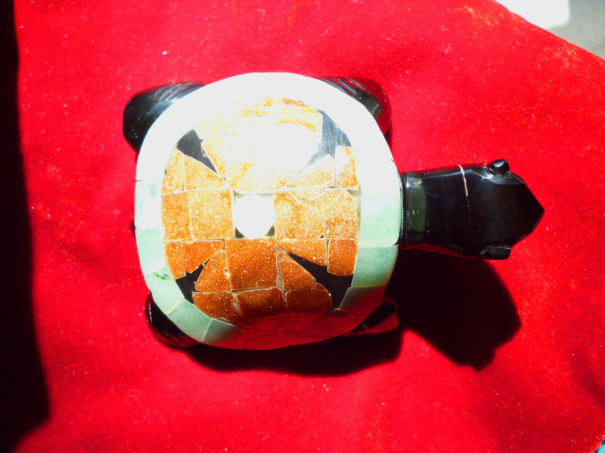 Turtle Hand-Carved in Mexican Obsidian | Goldstone & Aventurine Mosaic | Teotihuacan Sculpture | Pre-Columbian Collectible