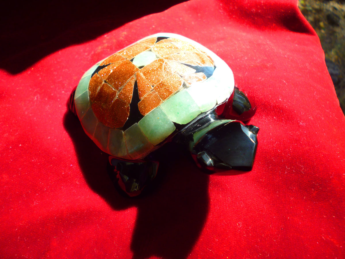Turtle Hand-Carved in Mexican Obsidian | Goldstone & Aventurine Mosaic | Teotihuacan Sculpture | Pre-Columbian Collectible