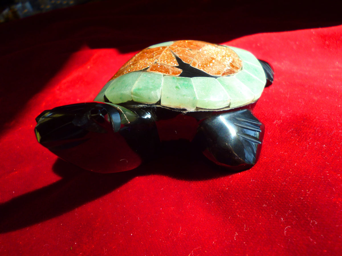Turtle Hand-Carved in Mexican Obsidian | Goldstone & Aventurine Mosaic | Teotihuacan Sculpture | Pre-Columbian Collectible