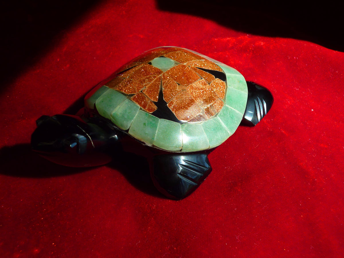 Turtle Hand-Carved in Mexican Obsidian | Goldstone & Aventurine Mosaic | Teotihuacan Sculpture | Pre-Columbian Collectible