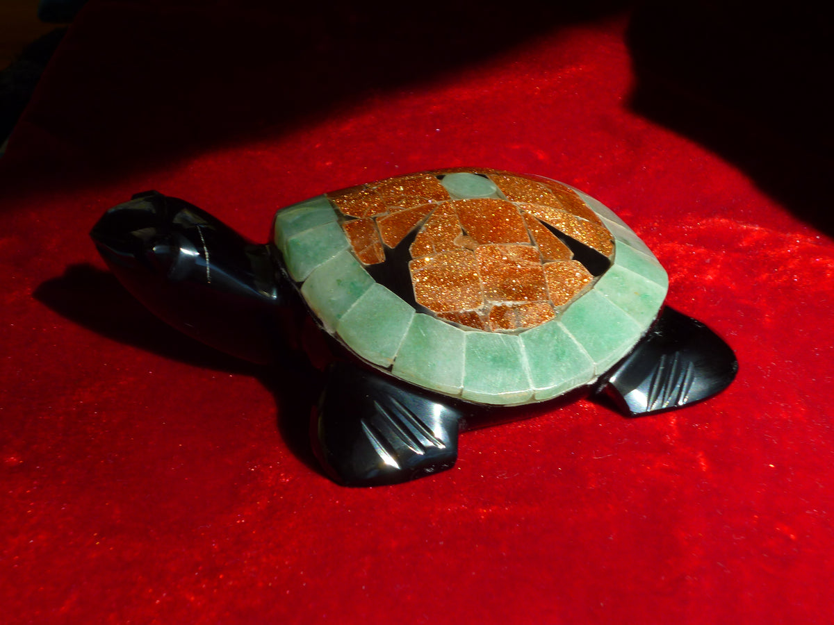Turtle Hand-Carved in Mexican Obsidian | Goldstone & Aventurine Mosaic | Teotihuacan Sculpture | Pre-Columbian Collectible