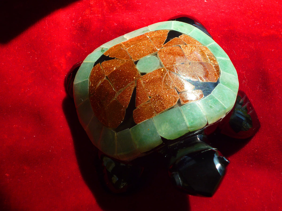Turtle Hand-Carved in Mexican Obsidian | Goldstone & Aventurine Mosaic | Teotihuacan Sculpture | Pre-Columbian Collectible