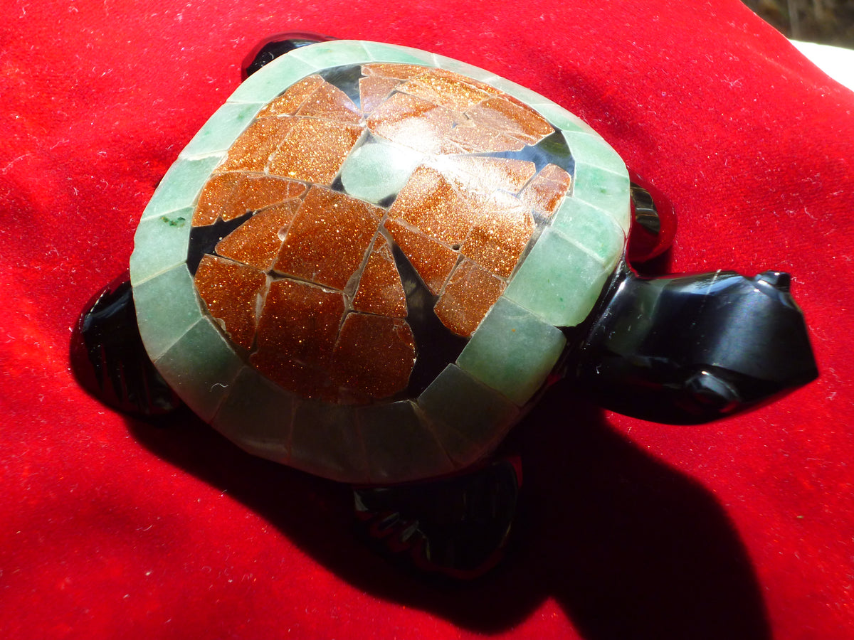 Turtle Hand-Carved in Mexican Obsidian | Goldstone & Aventurine Mosaic | Teotihuacan Sculpture | Pre-Columbian Collectible