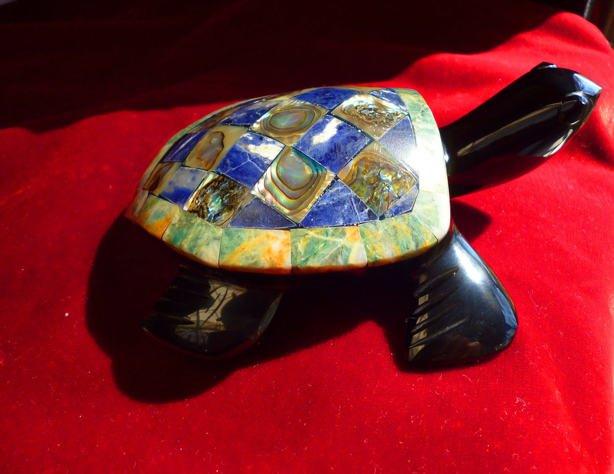 Turtle Hand-Carved in Mexican Obsidian | Mother of Pearl & Sodalite Mosaic | Teotihuacan Sculpture | Pre-Columbian Collectible