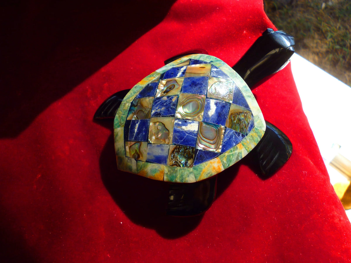 Turtle Hand-Carved in Mexican Obsidian | Mother of Pearl & Sodalite Mosaic | Teotihuacan Sculpture | Pre-Columbian Collectible