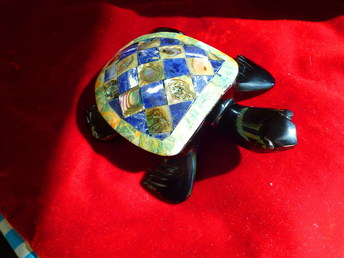 Turtle Hand-Carved in Mexican Obsidian | Mother of Pearl & Sodalite Mosaic | Teotihuacan Sculpture | Pre-Columbian Collectible