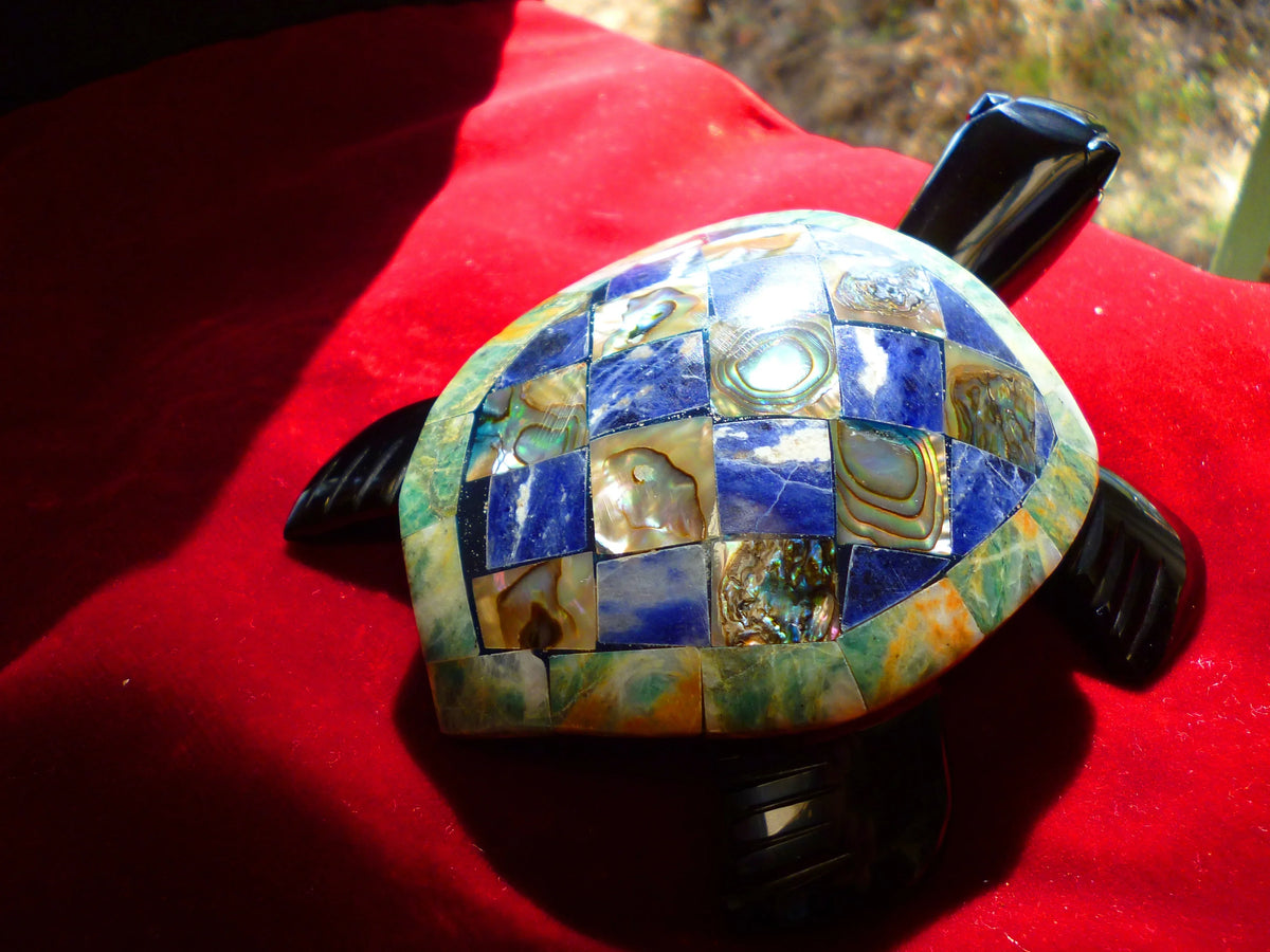 Turtle Hand-Carved in Mexican Obsidian | Mother of Pearl & Sodalite Mosaic | Teotihuacan Sculpture | Pre-Columbian Collectible