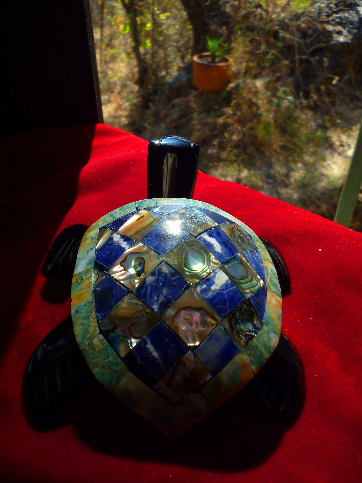 Turtle Hand-Carved in Mexican Obsidian | Mother of Pearl & Sodalite Mosaic | Teotihuacan Sculpture | Pre-Columbian Collectible