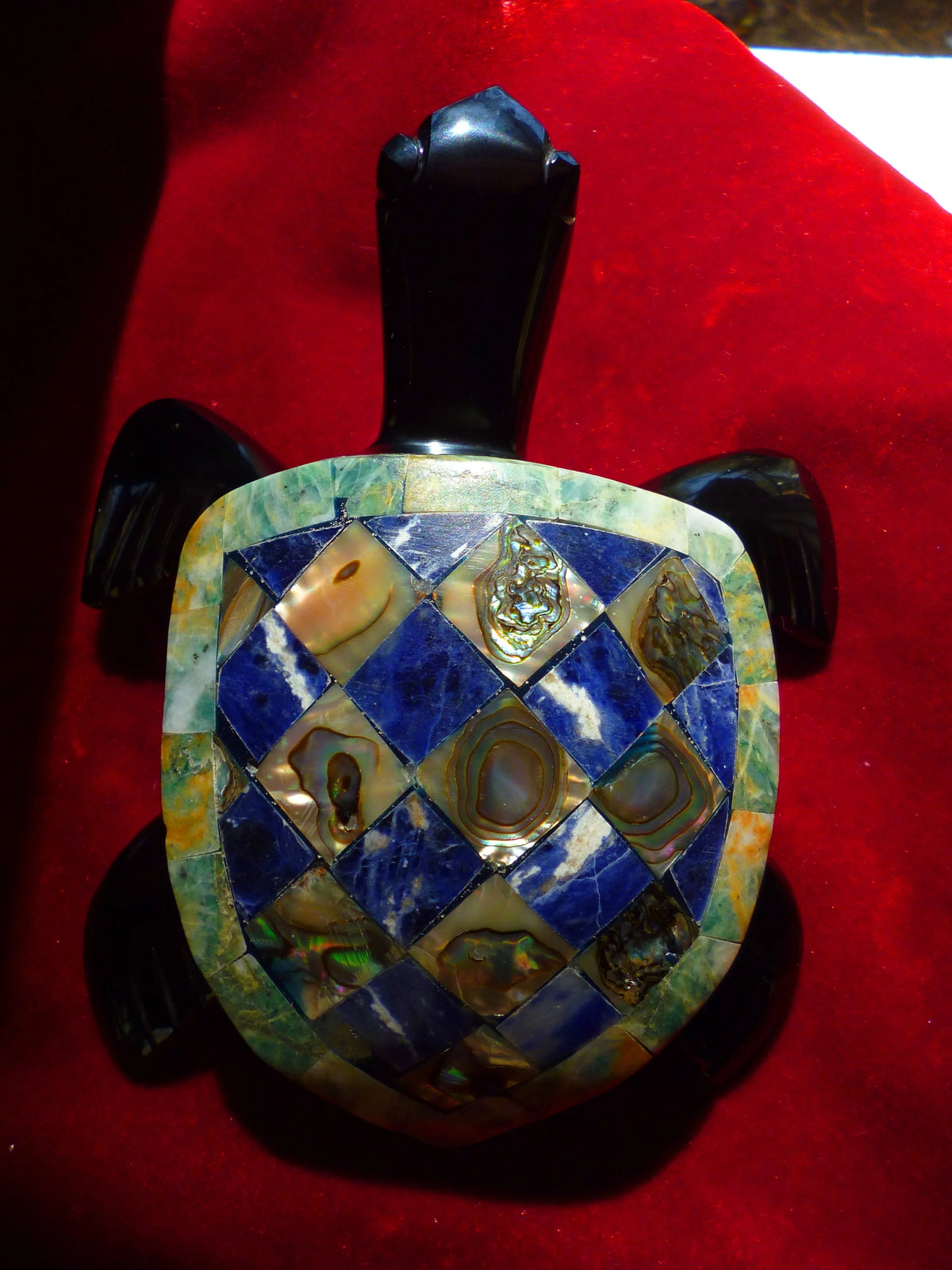 Turtle Hand-Carved in Mexican Obsidian | Mother of Pearl & Sodalite Mosaic | Teotihuacan Sculpture | Pre-Columbian Collectible