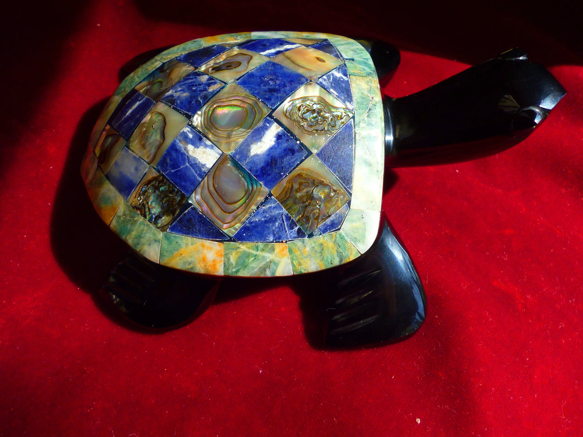 Turtle Hand-Carved in Mexican Obsidian | Mother of Pearl & Sodalite Mosaic | Teotihuacan Sculpture | Pre-Columbian Collectible
