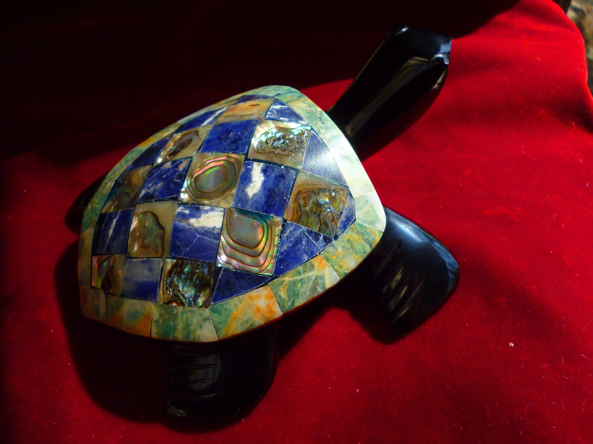Turtle Hand-Carved in Mexican Obsidian | Mother of Pearl & Sodalite Mosaic | Teotihuacan Sculpture | Pre-Columbian Collectible