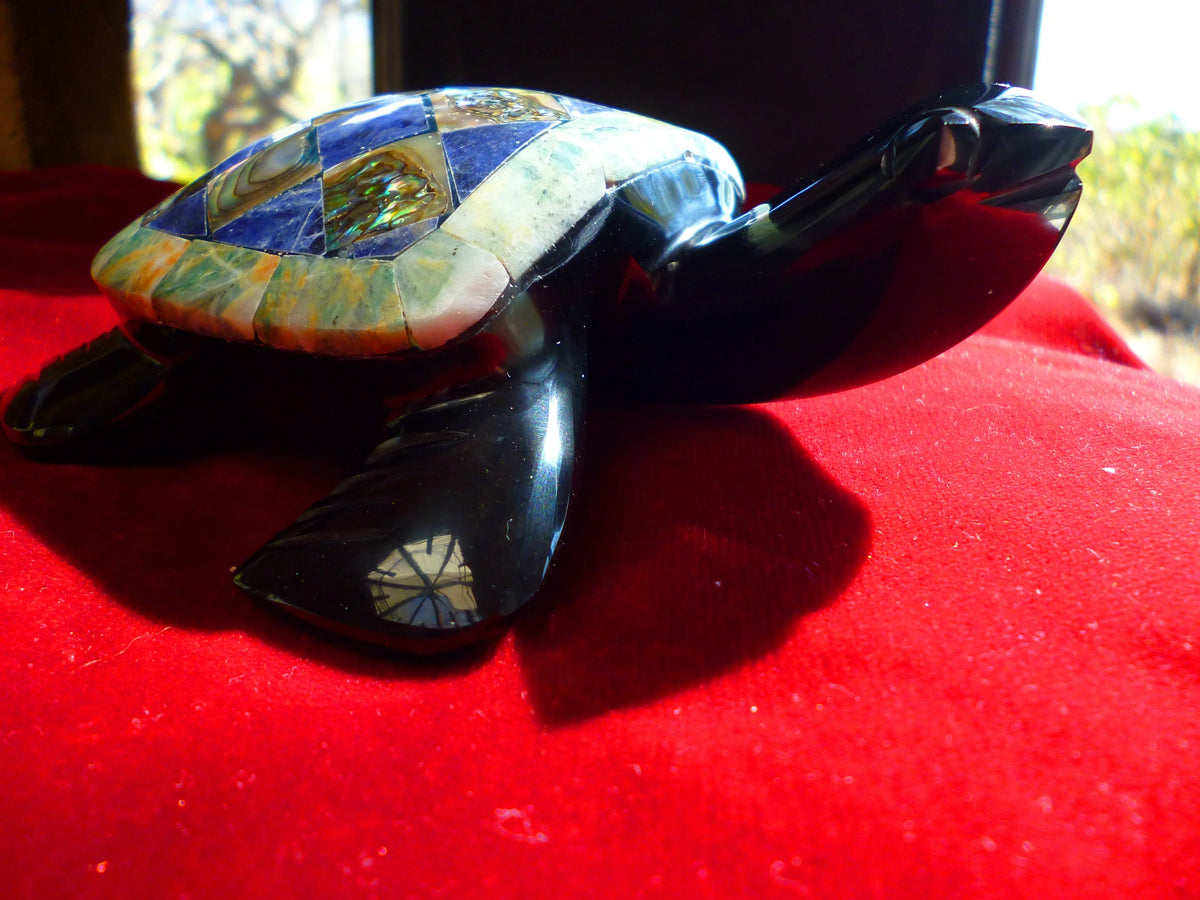 Turtle Hand-Carved in Mexican Obsidian | Mother of Pearl & Sodalite Mosaic | Teotihuacan Sculpture | Pre-Columbian Collectible
