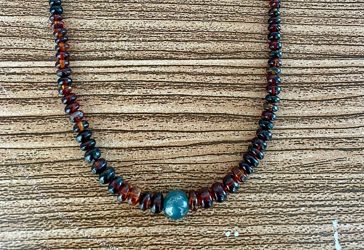 Authentic Chiapas Amber Necklace with Blue Jade Centerpiece – Mexican Artisan Elegance