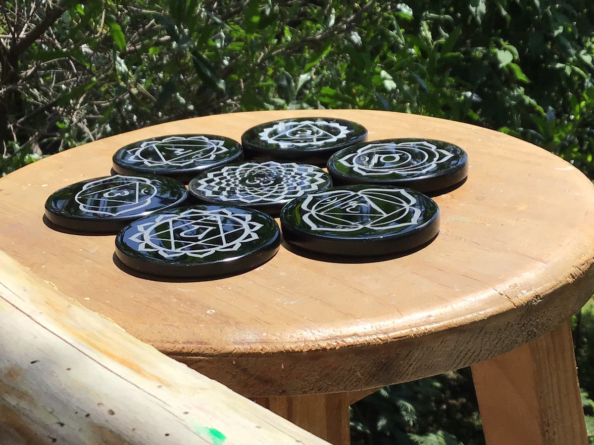 Black Obsidian 7 Chakra Set | Engraved Symbols | Teotihuacan, Mexico
