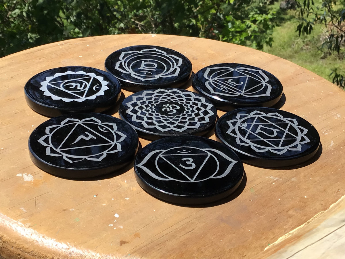 Black Obsidian 7 Chakra Set | Engraved Symbols | Teotihuacan, Mexico