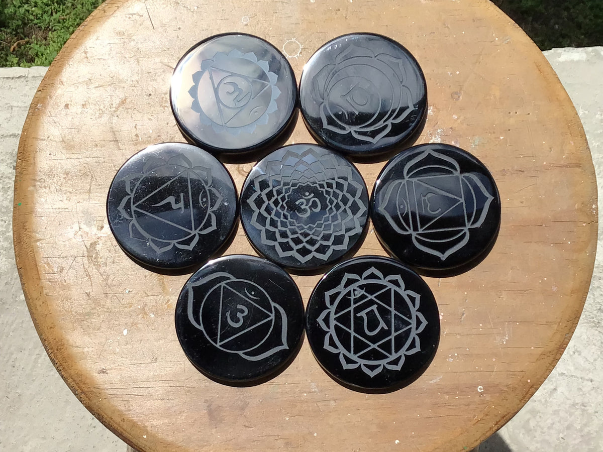Black Obsidian 7 Chakra Set | Engraved Symbols | Teotihuacan, Mexico