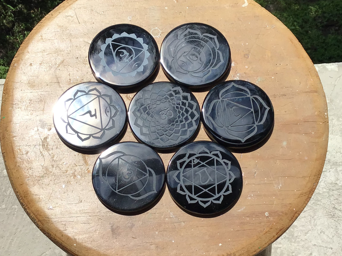 Black Obsidian 7 Chakra Set | Engraved Symbols | Teotihuacan, Mexico