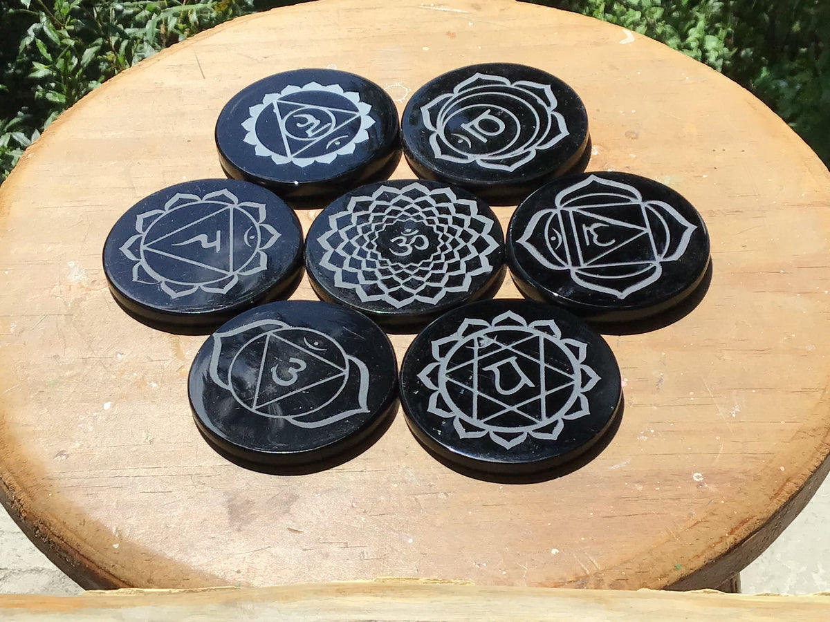 Black Obsidian 7 Chakra Set | Engraved Symbols | Teotihuacan, Mexico
