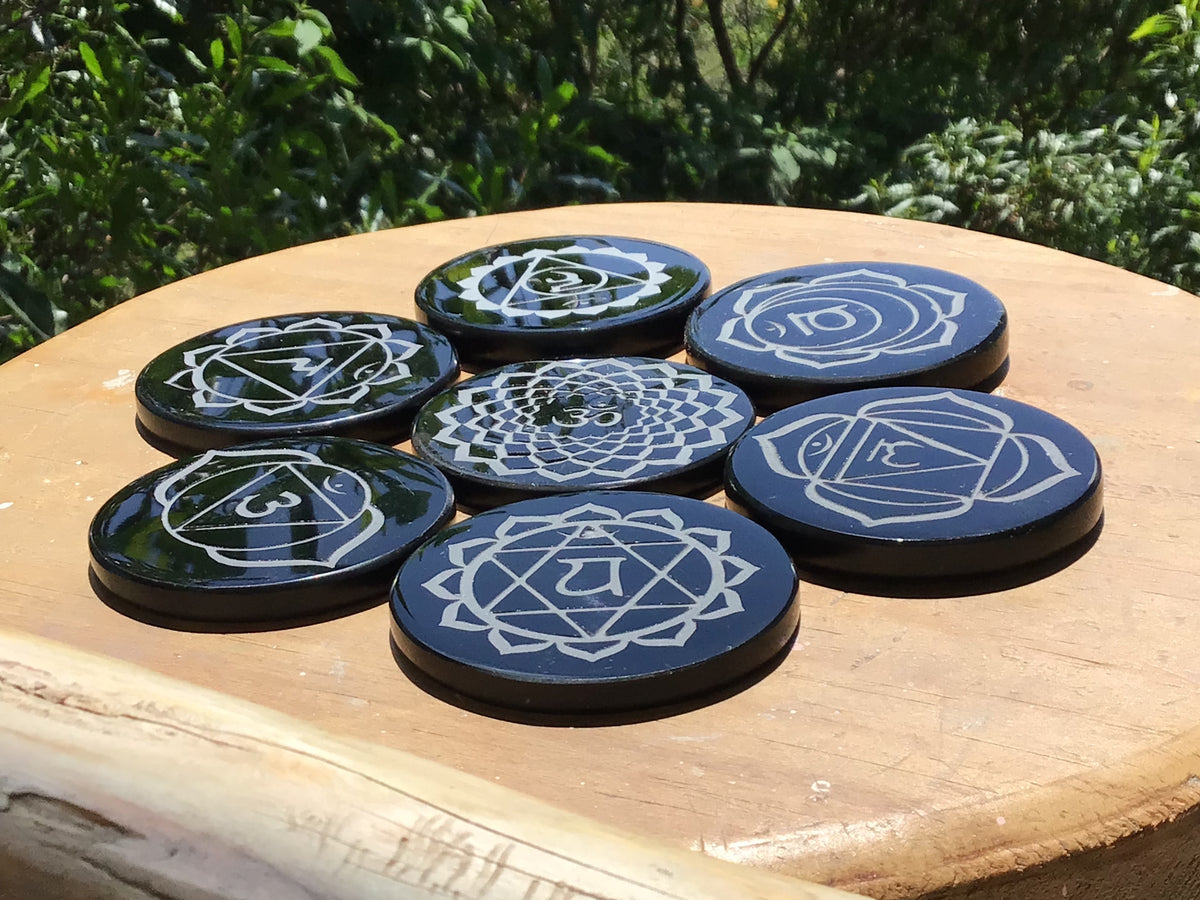 Black Obsidian 7 Chakra Set | Engraved Symbols | Teotihuacan, Mexico