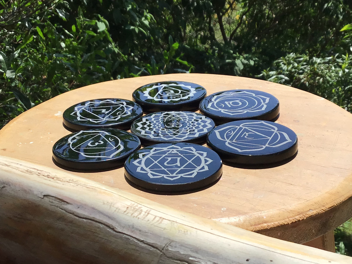 Black Obsidian 7 Chakra Set | Engraved Symbols | Teotihuacan, Mexico