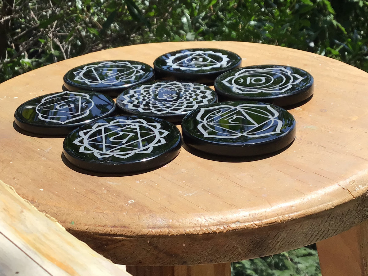 Black Obsidian 7 Chakra Set | Engraved Symbols | Teotihuacan, Mexico