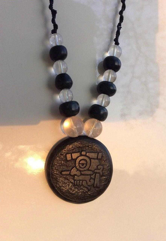 Tlaloc Pendant Necklace- Mexican Divinity of storm and Rain- Guatemalan jade style, serpentine & crystal Quartz stone beads - Mexican precolombian Jewelry Aztec