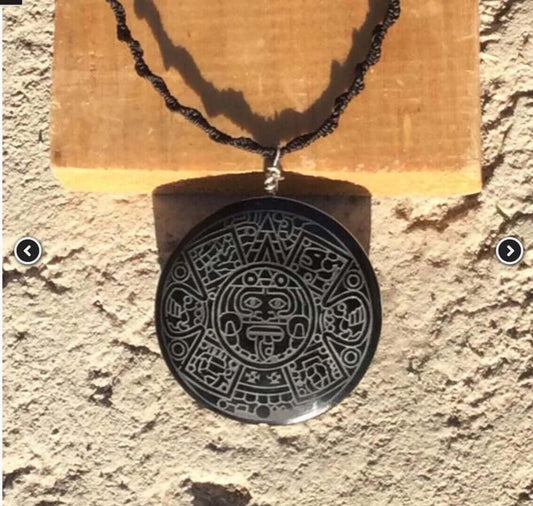 Aztec Calendar Obsidian Pendant - Handcrafted Mexican Jewelry in Black Stone