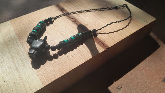 Mexican Dog Xolohcuincle Pendant necklace, Guatemalan jade style, mexican obsidian , turquoise & serpentine stone - Mayan Jewelry, Mexican precolombian Culture