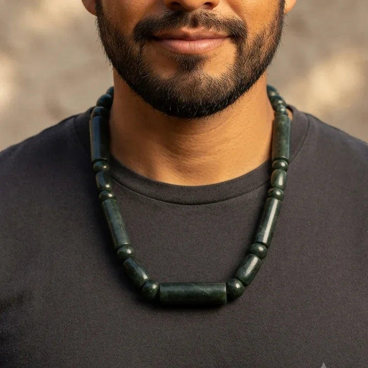 Dark Green Serpentine Necklace | Guatemalan Jade Style | Long Tube Beads | Mayan Pre-Columbian Jewelry