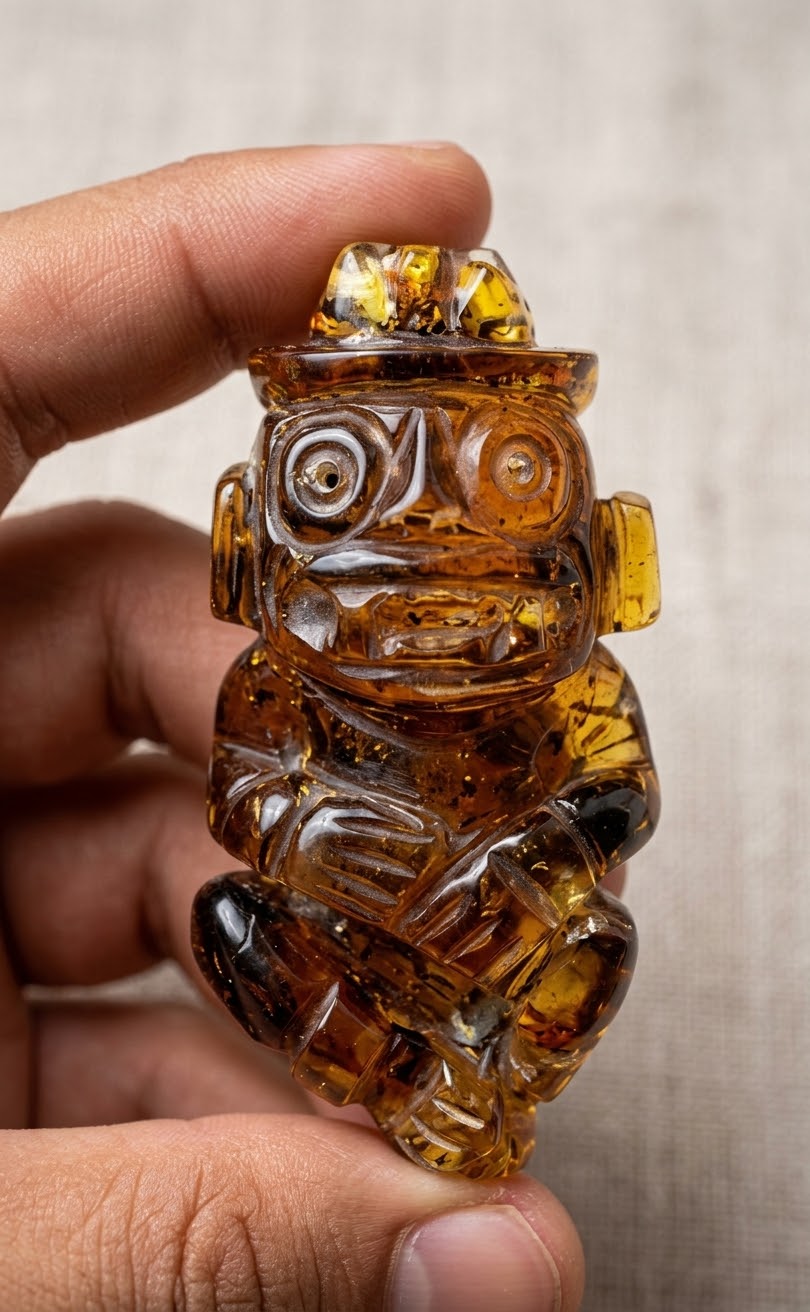 Tlaloc Amber Pendant | 65mm Hand-Carved Mexican Amber | Aztec Rain God Jewelry