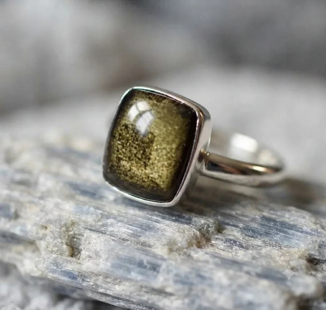 Anillo cuadrado de obsidiana dorada – Engaste ajustable de plata de alpaca | Joyería artesanal mexicana