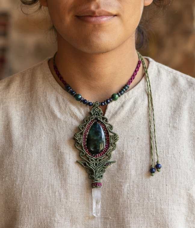 Green Macramé Necklace | Velvet Obsidian Pendant & Crystal Quartz | Mexican Handmade | Protection & Purification