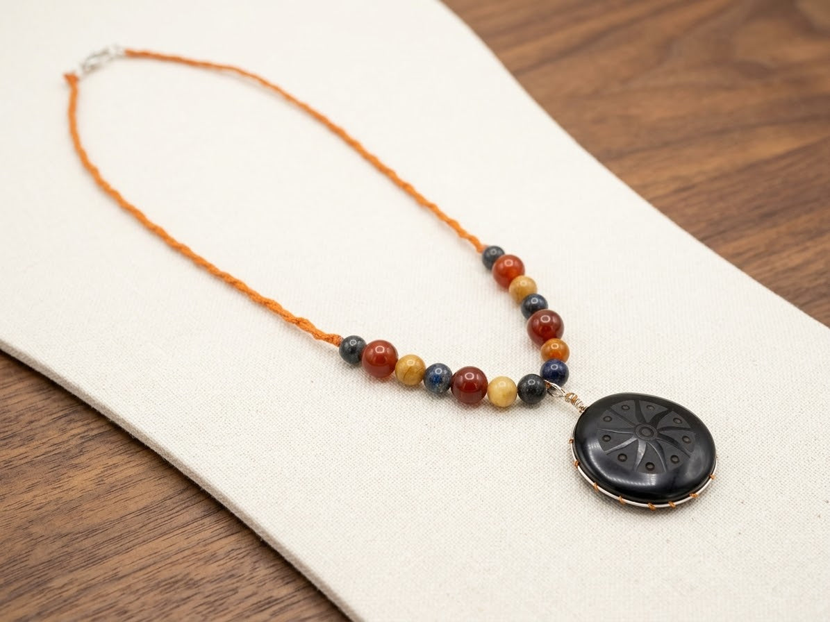 Obsidian Hikuri Pendant Necklace | Agate & Yellow Jade Beads | Peyote Spiritual Jewelry