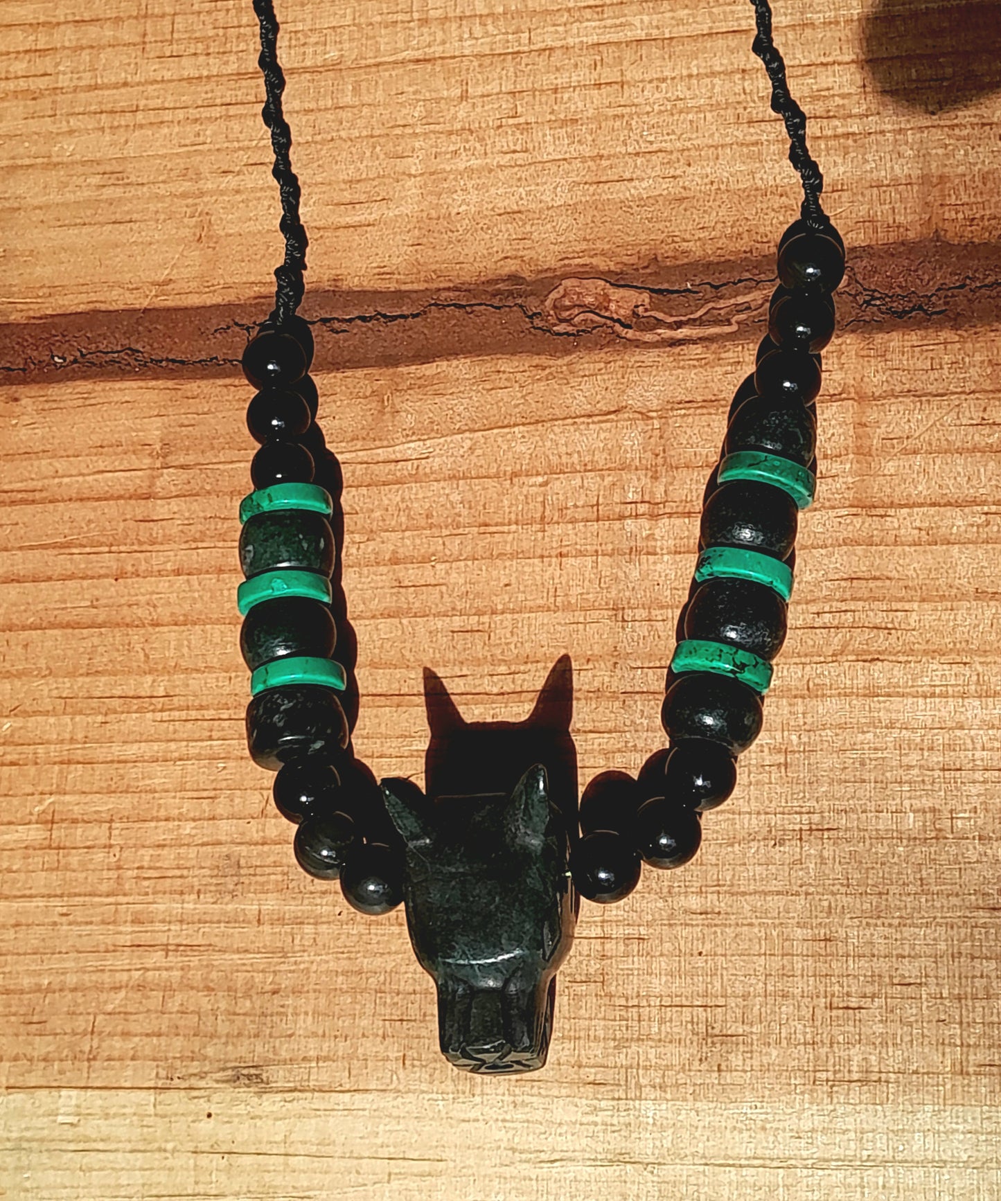 Mexican Dog Xolohcuincle Pendant necklace, Guatemalan jade style, mexican obsidian , turquoise & serpentine stone - Mayan Jewelry, Mexican precolombian Culture
