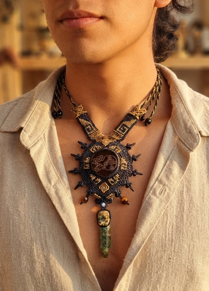 Collier Pendentif Mikiztli & Jaguar – Obsidienne, Griffe de Serpentinite & Œil de Tigre Macramé