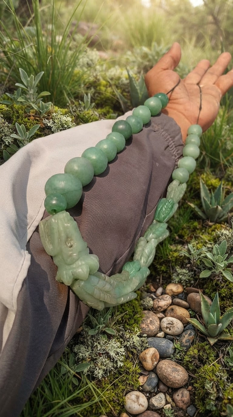 Quetzalcoatl, Feathered snake Kukulkan Pendant Necklace  Green Aventurine carved stone & Beads | Mayan Aztec Jewelry