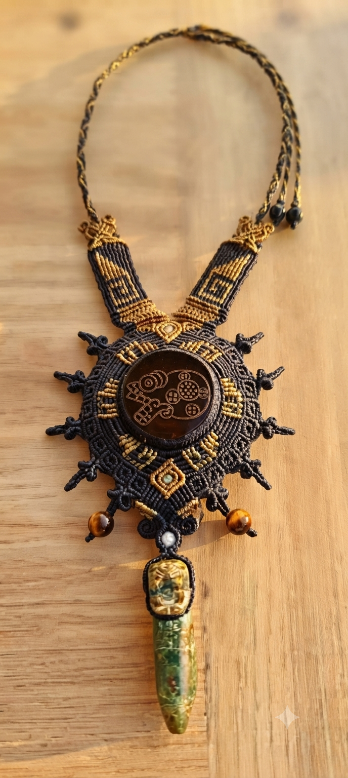 Collier Pendentif Mikiztli & Jaguar – Obsidienne, Griffe de Serpentinite & Œil de Tigre Macramé