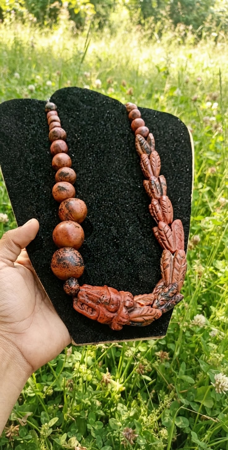 Quetzalcoatl Kukulkan Feathered snake Pendant Necklace I Mahogany Obsidian carved stone & Beads | Mayan Aztec Jewelry