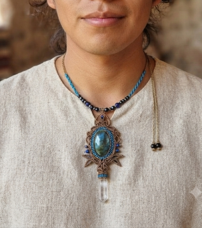 Dije de obsidiana Mikiztli con garra de piedra serpentina de jaguar - Collar de macramé - Joyería precolombina mexicana