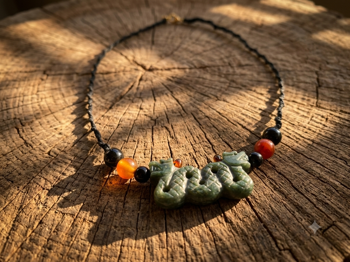 Quetzalcoatl Pendant Necklace | Guatemalan Jade Style Serpentine Stone | Amber, Agate & Obsidian Beads | Mayan Aztec Jewelry