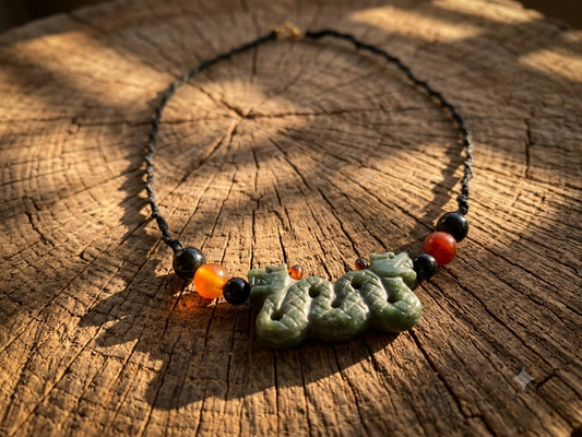 Quetzalcoatl Pendant Necklace | Guatemalan Jade Style Serpentine Stone | Amber, Agate & Obsidian Beads | Mayan Aztec Jewelry