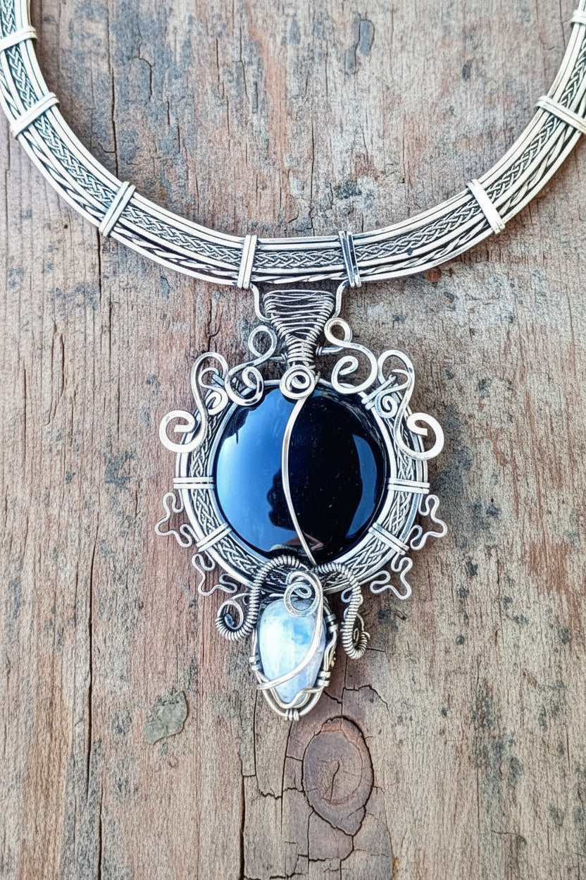 Mexican Obsidian & Moonstone necklace - Alpaca Wire jewelry- Bohemian style Pendant