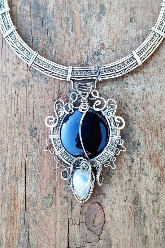 Mexican Obsidian & Moonstone necklace - Alpaca Wire jewelry- Bohemian style Pendant