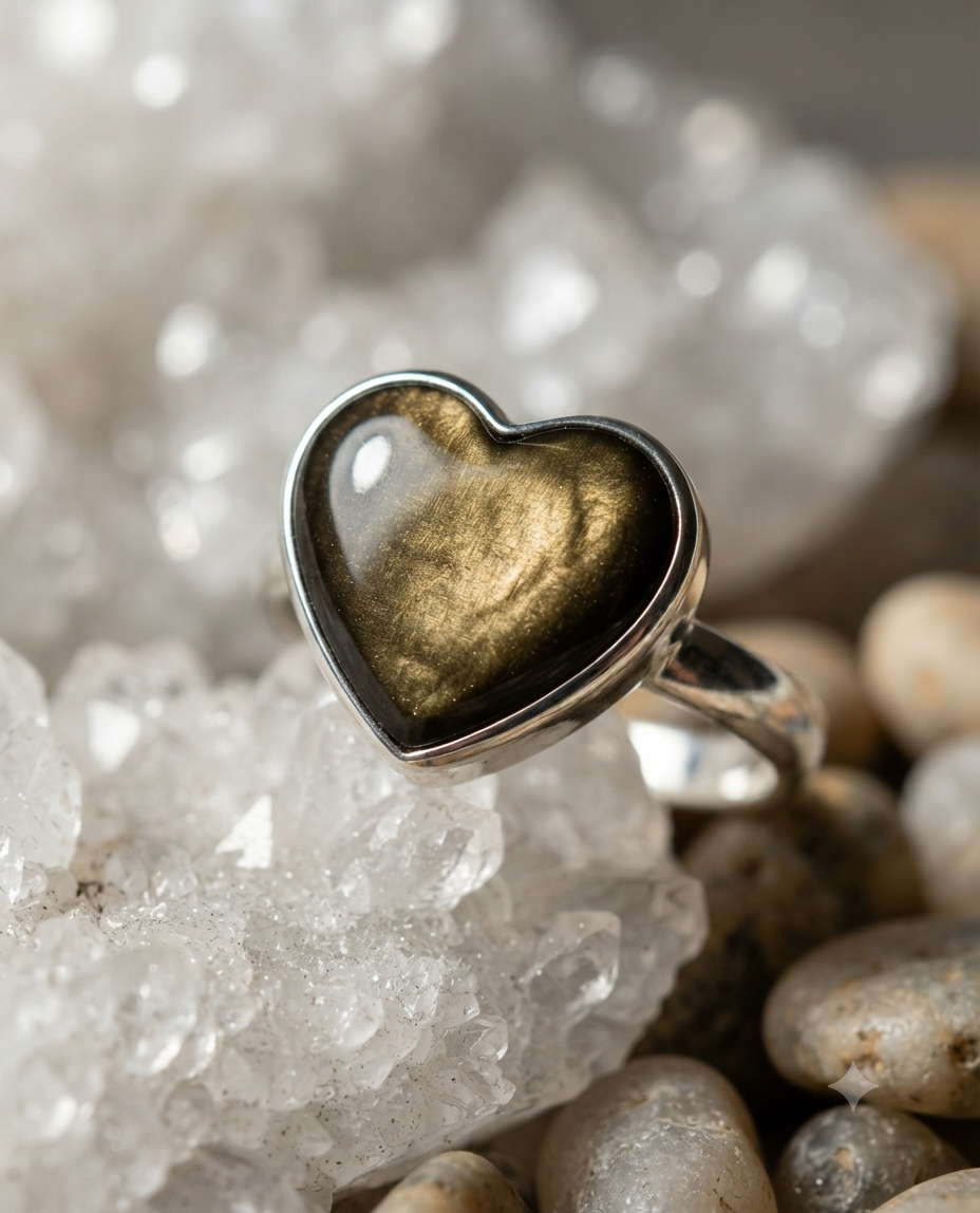 Anillo de Corazón de Obsidiana Dorada – Montura Ajustable de Plata Alemana | Joyería Artesanal Mexicana